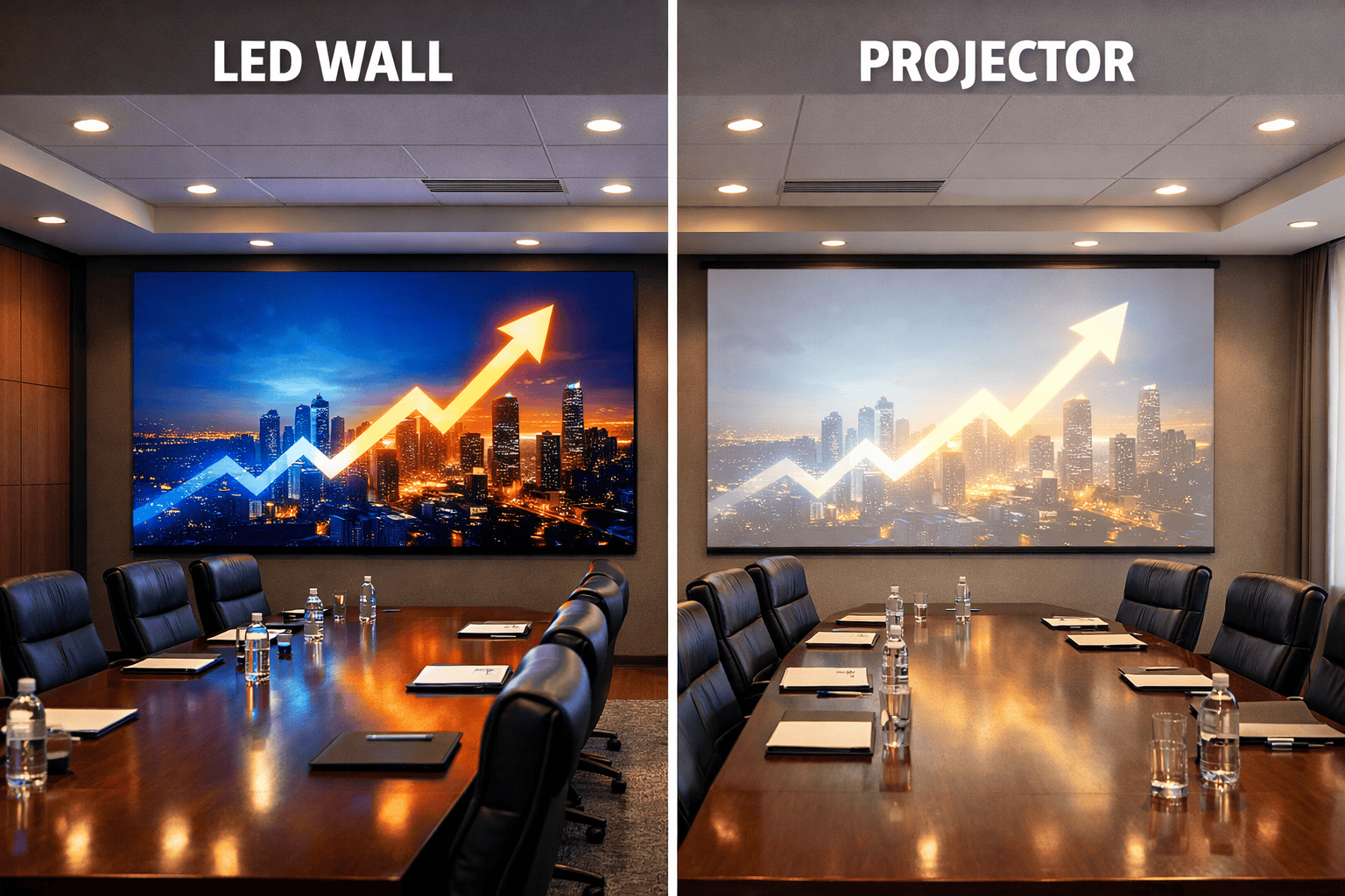 LED video wall versus projector comparison graphic showing brightness, seamlessness, lifespan, and total cost of ownership differences