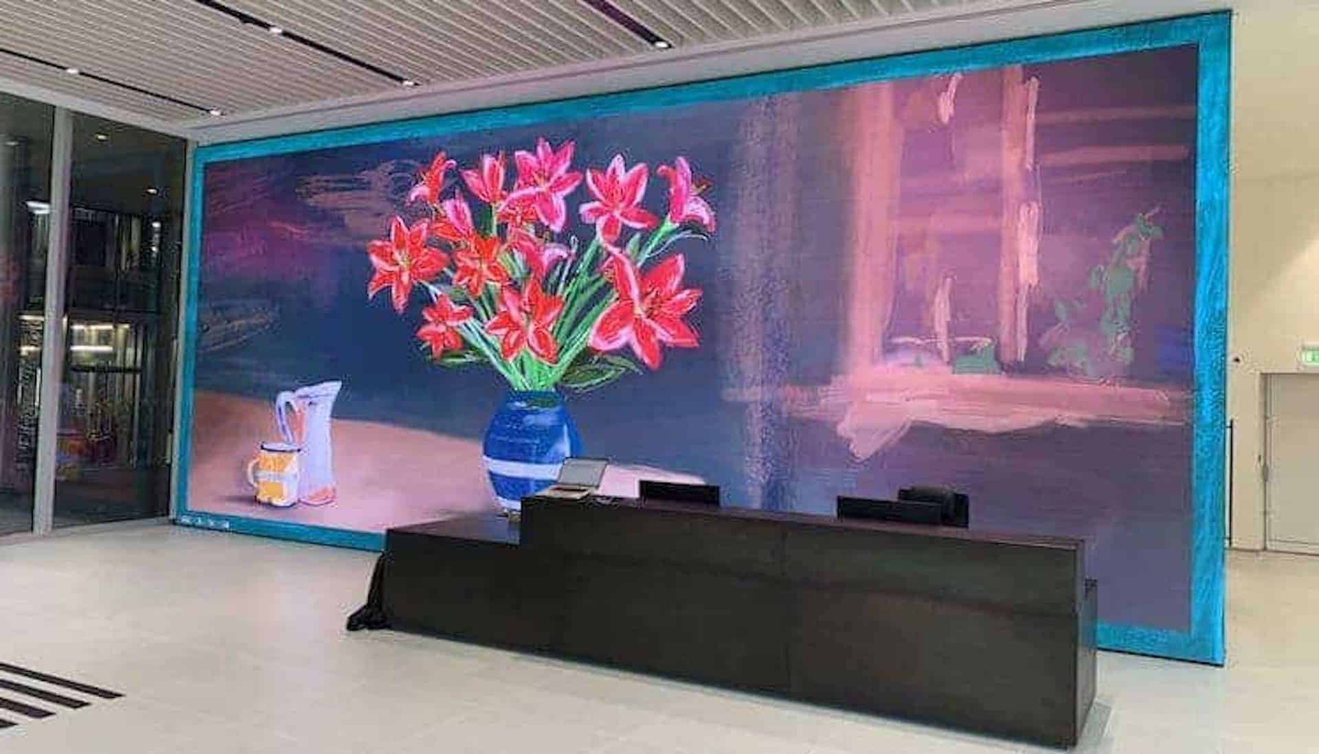 Large indoor LED video wall installed at Citypoint London, measuring over 10 metres wide and delivering high-resolution digital content