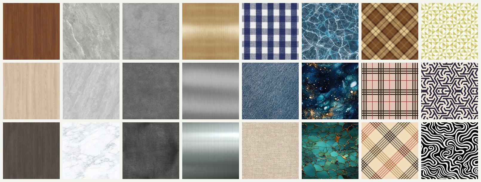 DSK Series finish samples: veneer, marble, concrete, metal, textile, gemstone, fabric and pattern