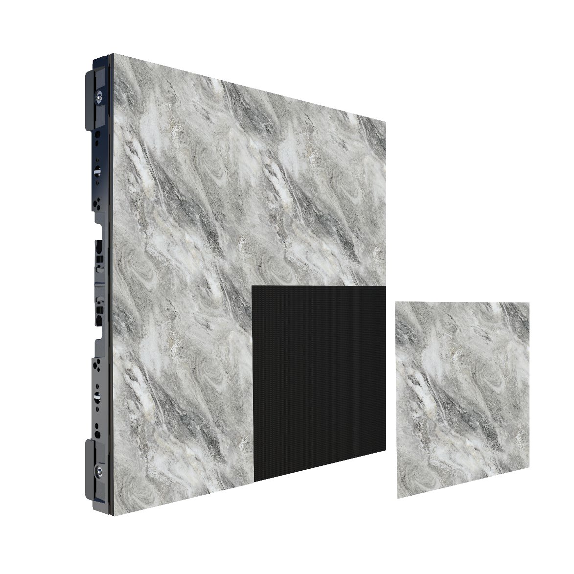 DSK Series 250 x 250 mm finish panels clipping over the face of a 500 x 500 mm LED cabinet