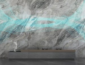 DSK Series hidden LED screen in a marble finish on a reception wall, with the LED picture showing through the finish